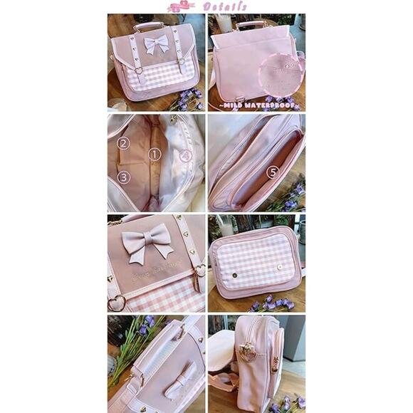 Pink Gingham Bow Satchel Backpack with Heart Accents – Kawaii Style - Picture 2 of 5